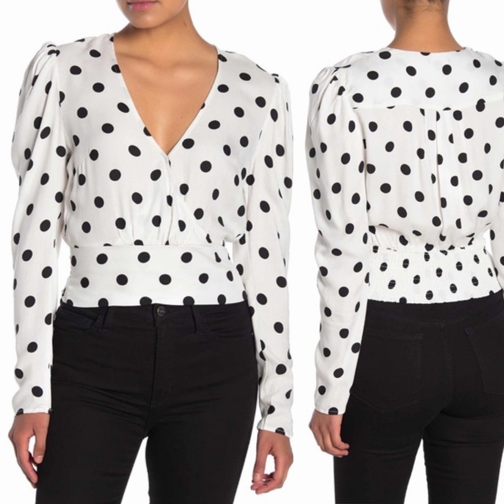 AFRM Polka Dot Long Sleeve Wrap Front Puff Shoulder Crop Top White Black S